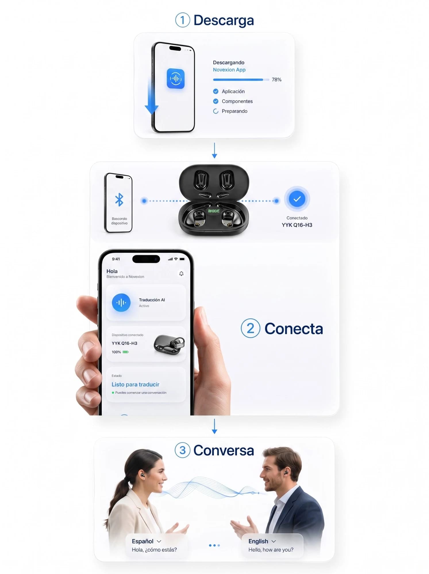 Cómo usar Novexion en 3 pasos: descargá la app, conectá el auricular y conversá en tu idioma