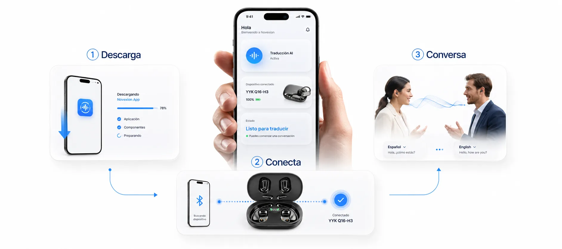 Cómo usar Novexion en 3 pasos: descargá la app, conectá el auricular y conversá en tu idioma